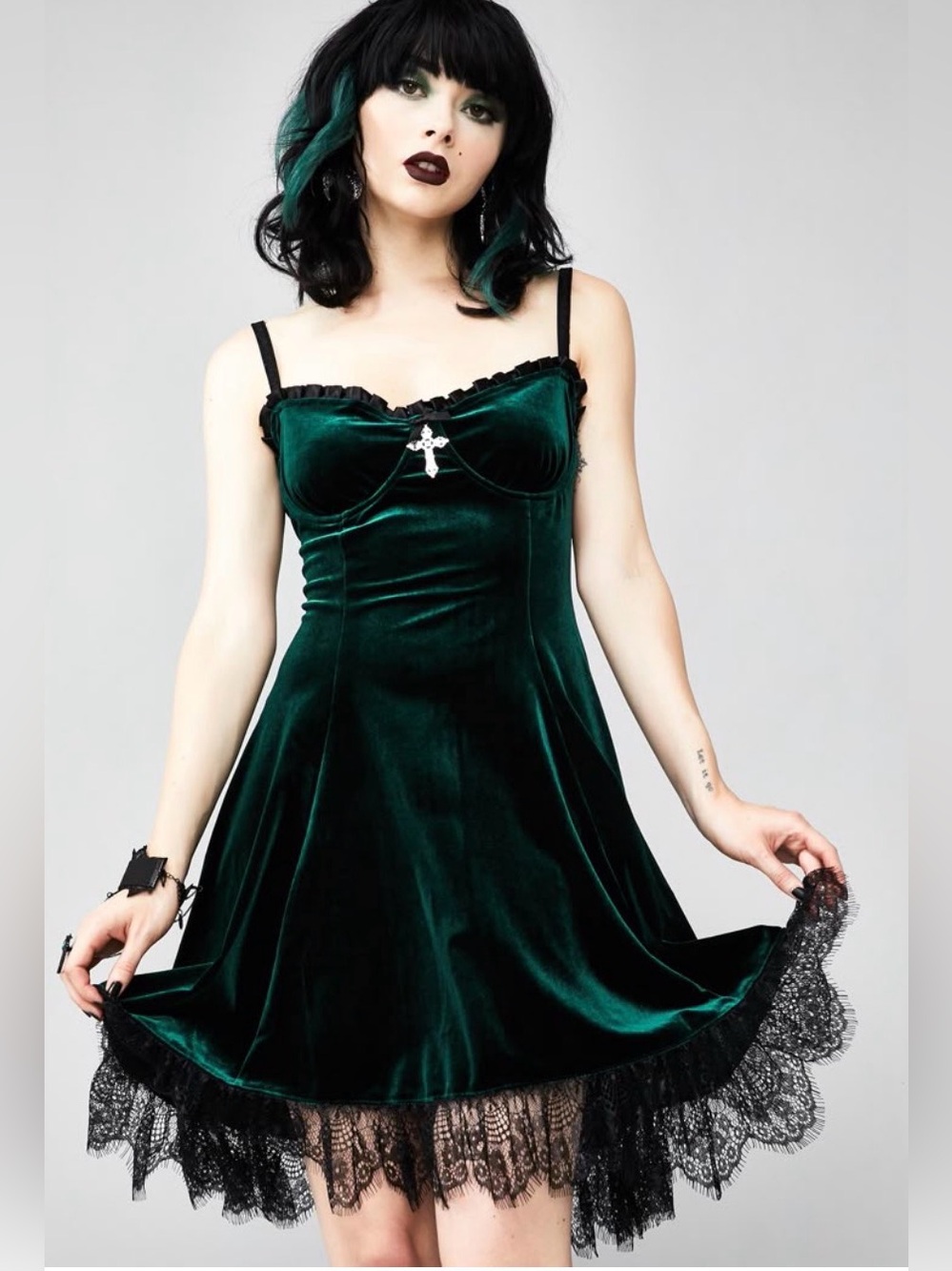 Widow Dolls Kill Blind Faith Dress Emerald Green Velvet Lace Tie Up *Flaw Sz S